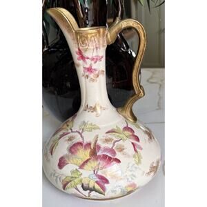 Antique Adderley England Art Nouveau Ewer Vase Pitcher Gold Gilt Handle 9.5”